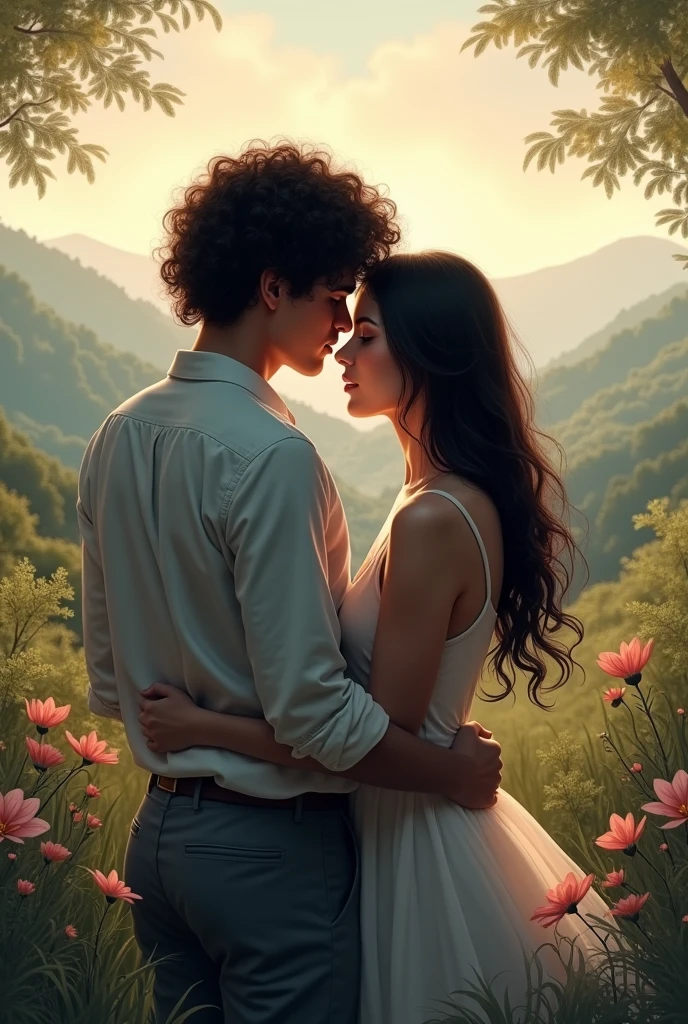 A couple hugging back to back in a landscape, the one with black curly hair, the one with straight hair