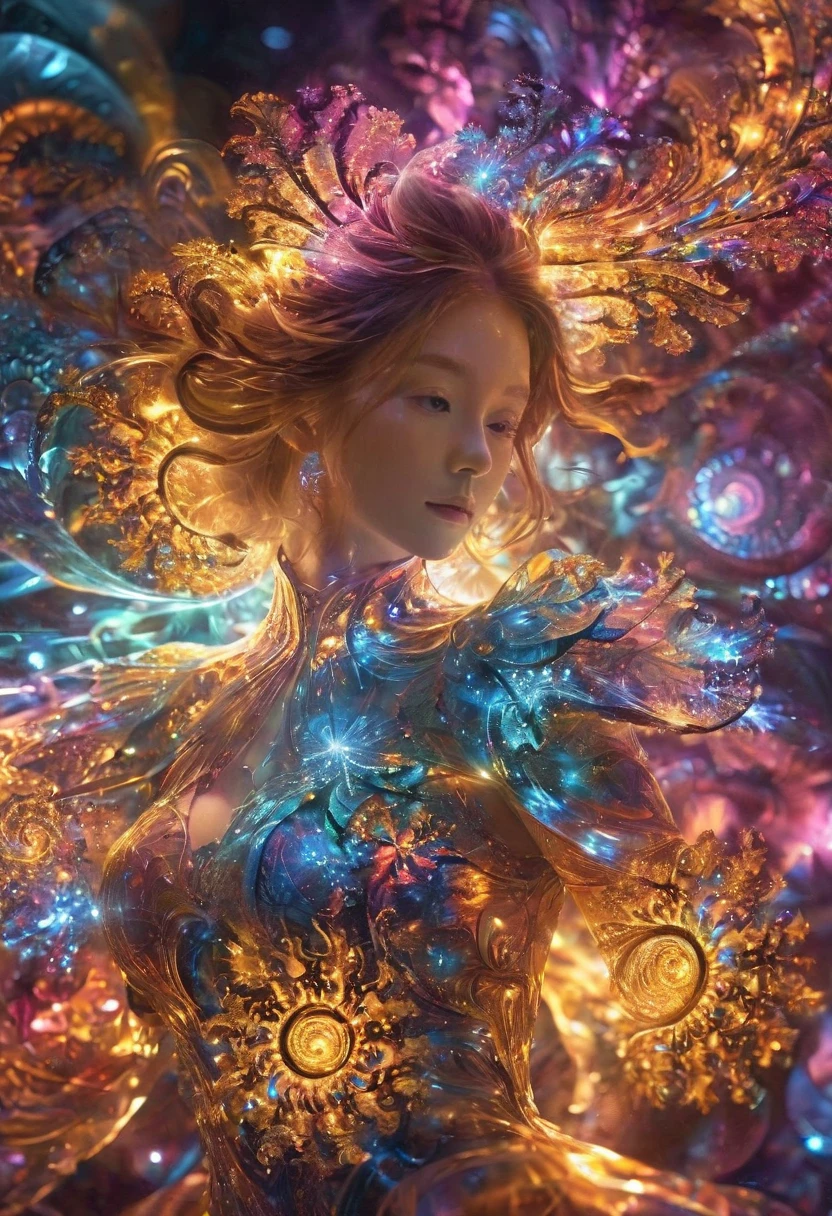 fractal，glowing，1girl，blingbling，Motion blurred，