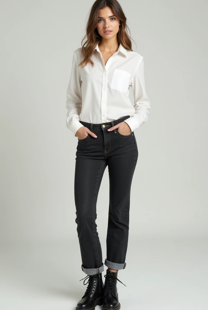 I want this one showing the whole body of the outfit:I want it with the white shirt tucked into the pants, with jeans that fit your body well, with black combat boots, low top and no heel