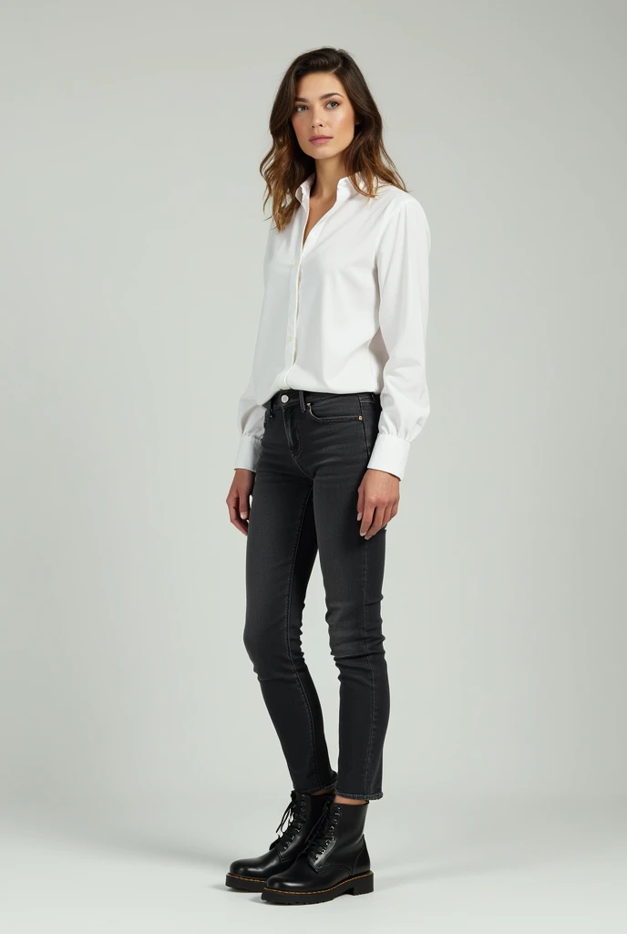 I want this one showing the whole body of the outfit:I want it with the white shirt tucked into the pants, with jeans that fit your body well, with black combat boots, low top and no heel