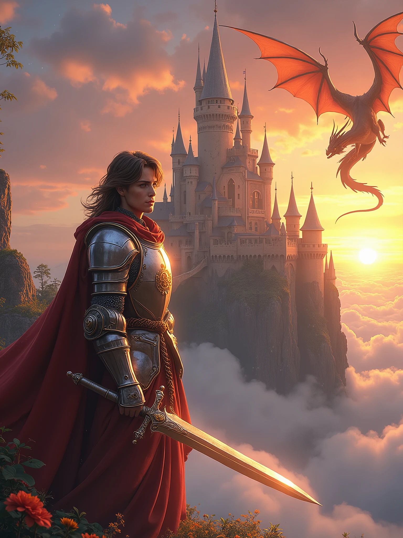 Imagine a medieval castle floating amidst the clouds, surrounded by majestic dragons and delicate fairies flitting about. As the sun sets, the sky transforms into a kaleidoscope of orange and pink hues. In the foreground, a heroic knight stands proudly, clad in radiant armor adorned with silver and gold details, a raised visor on his helmet, and a blue cloak emblazoned with a dragon emblem. His armor reflects the warm light of the setting sun, casting a soft glow. He wields a magical sword with a luminous blade and a hilt decorated with precious stones, alongside a shield bearing the dragon emblem. The knight's expression is determined and heroic, with piercing blue eyes and chestnut hair falling across his face. He stands tall, exuding confidence and authority, with a strong jawline and a well-groomed beard. The scene is set against a backdrop of towering castle spires, fortified walls, and a lowered drawbridge connecting the castle to the clouds. The castle's gardens are suspended in mid-air, featuring vibrant flowers and crystal-like trees with leaves that softly glow. Above, the sky is dotted with bright stars and a crescent moon, its soft aura illuminating the magical atmosphere. A 15-meter-long dragon of fire soars around the castle, its red and orange scales glistening, eyes blazing like embers, and wings that seem to be made of fire, leaving trails of smoke and flames. The dragon possesses resistance to fire, immense strength and speed, intelligence, elemental magic, and defensive capabilities. Nearby, a wise old mage with a long white beard and a pointed hat stands on the castle wall, advising the knight while performing magical rituals. Fairies with transparent wings and flower-petal garments flutter around, playing with the dragon and possessing the abilities to heal, create illusions, control time, and transform into other animals. The lighting is soft and golden, with the setting sun casting long shadows and realistic details, enhancing the magical and epic ambiance. Infinity"