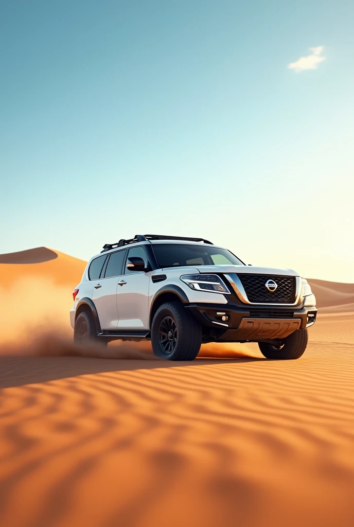 A 2024 Nissan Patrol, all white, driving in a desert