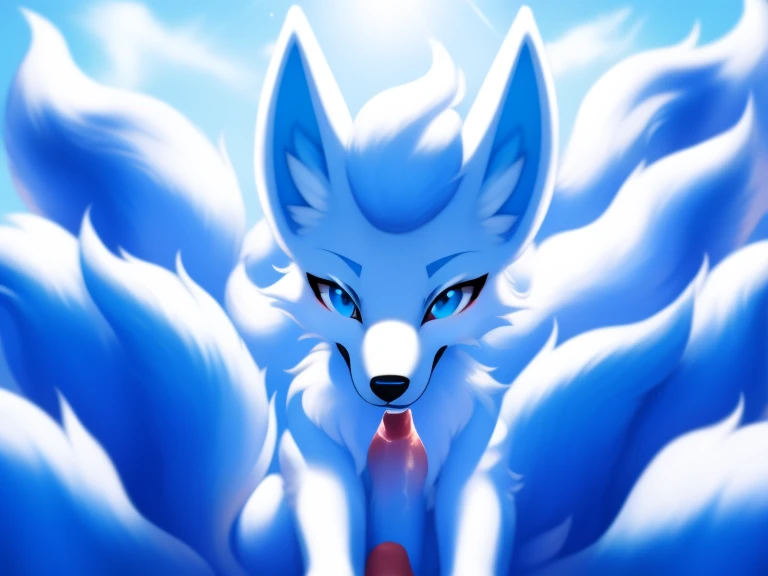 （（（White fox with 9 tails））））, feral, canine penis, NSFW, Alolan Ninetales, low angle view, viewer giving blowjob, first person view