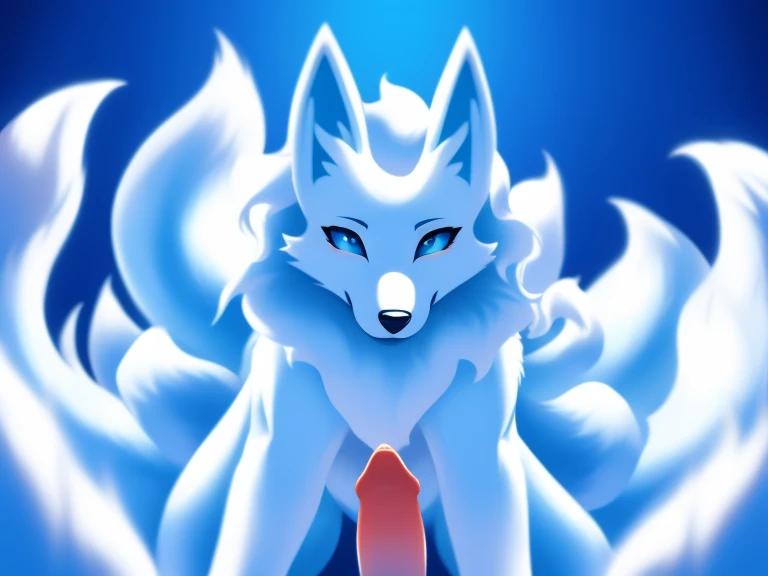 （（（White fox with 9 tails））））, feral, canine penis, NSFW, Alolan Ninetales, low angle view, viewer giving blowjob, first person view