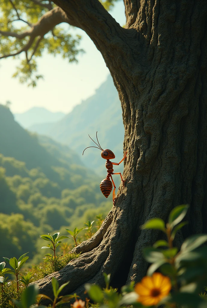 A tiny ant climbed a tree, so tall and grand,
To see the world, to understand.