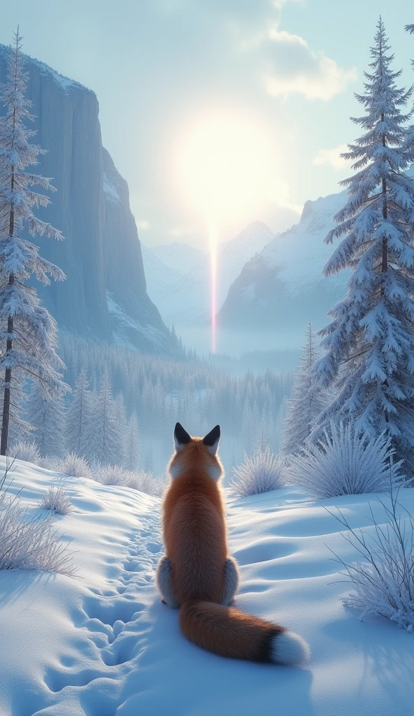 Surrealism、masterpiece、best quality、Film Grain、RAW photos、Magnificent views、wallpaper、Frozen morning landscape、Fresh Snow、fox'rear view of、Sun pillar、Rime on deciduous trees:1.5、