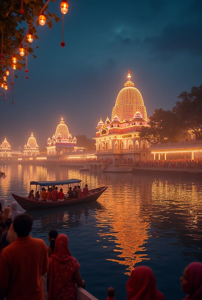 Generate an image of  Janmashtami celebrating in Dwarka at the night time with full of lights, and beside the temple in the Ganga River boats are moving 