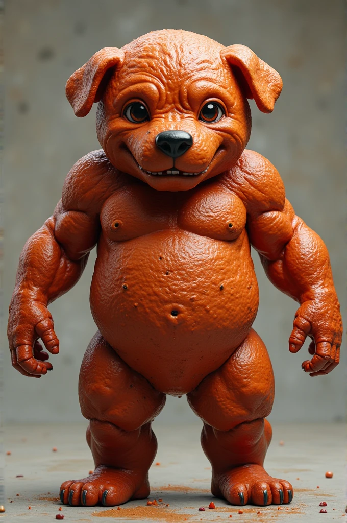 ((best quality)), ((masterpiece)), (detailed) meatball  with muscly human legs and a face of a dog with text at the top that says “meatball mason”