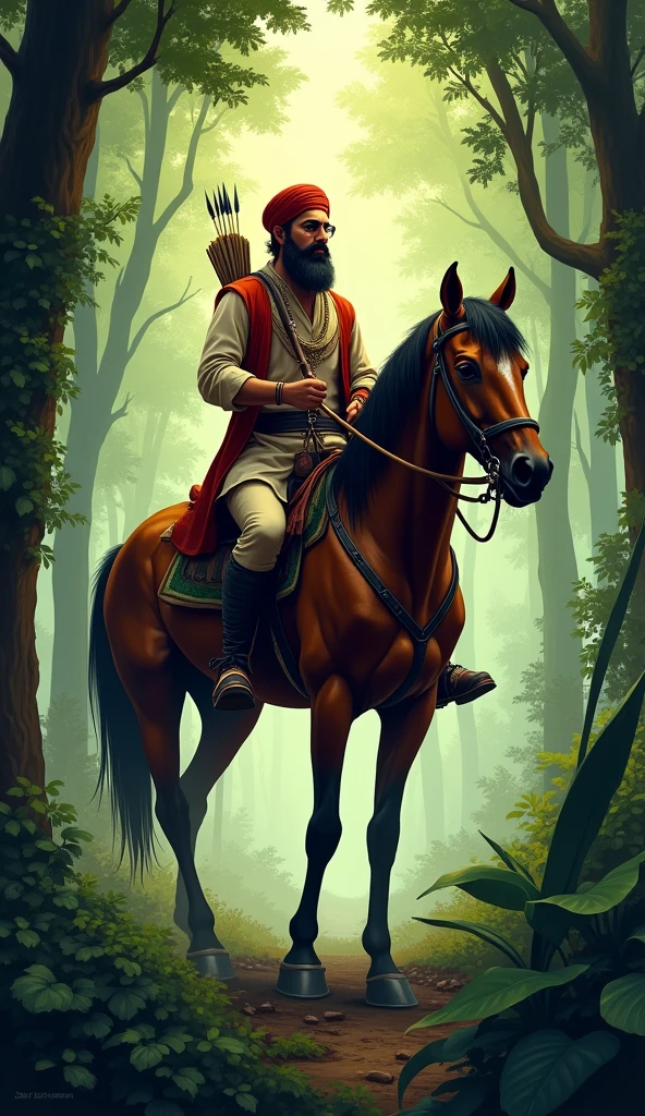 Amar Singh Hunting**: Illustrate Amar Singh on horseback, deep in a lush forest, with a bow and arrow, surrounded by the dense foliage of the jungle.