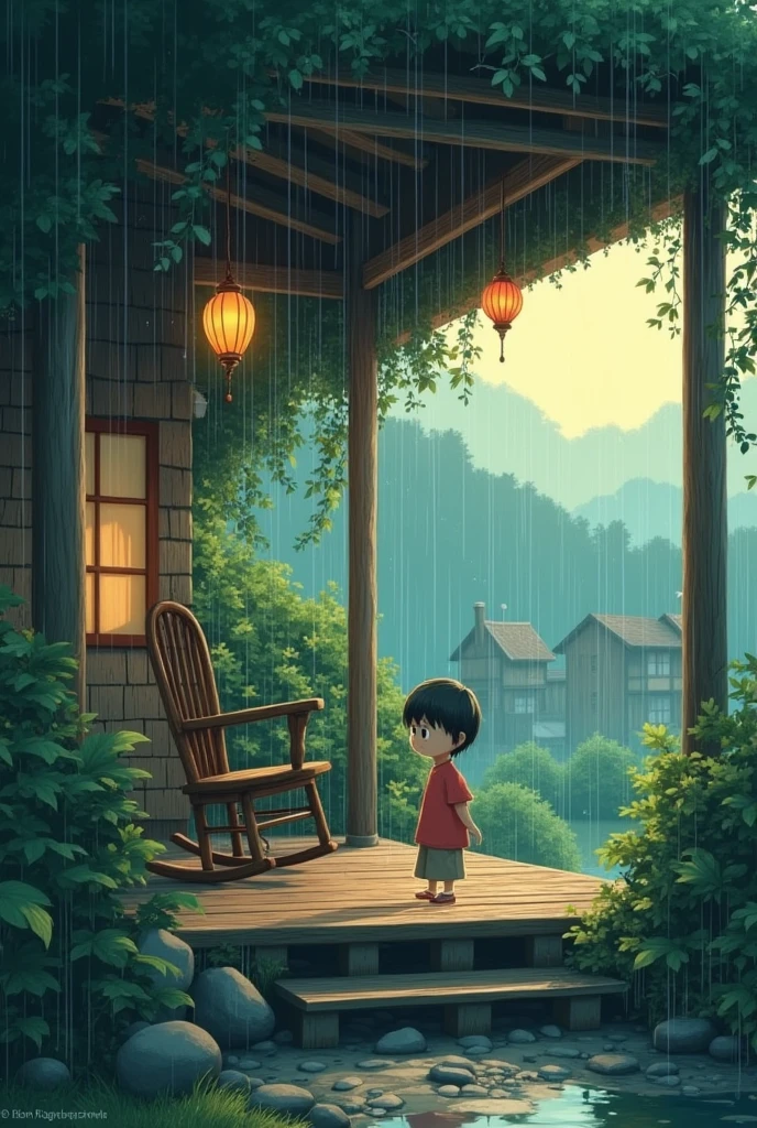 A cozy porch in the dawn, rain drops, studio ghibli