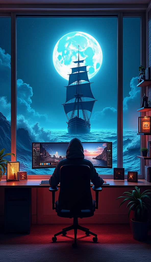 A gaming room with large, floor-to-ceiling windows directly behind your monitor, offering a live view of the sea at night. The full moon casts a silvery glow over the water, which roars and crashes against the shoreline. In the distance, a majestic ship stands tall, ready to begin its voyage, its silhouette illuminated by the moonlight. Your gaming chair and triple-monitor setup are positioned to make you feel as if you’re right on the deck, with ambient lighting inside the room subtly mimicking the moonlit waves outside. The shelves, filled with video game cassettes and maritime-themed treasures, add to the immersive, oceanic atmosphere, making this the perfect setting for a night of gaming.