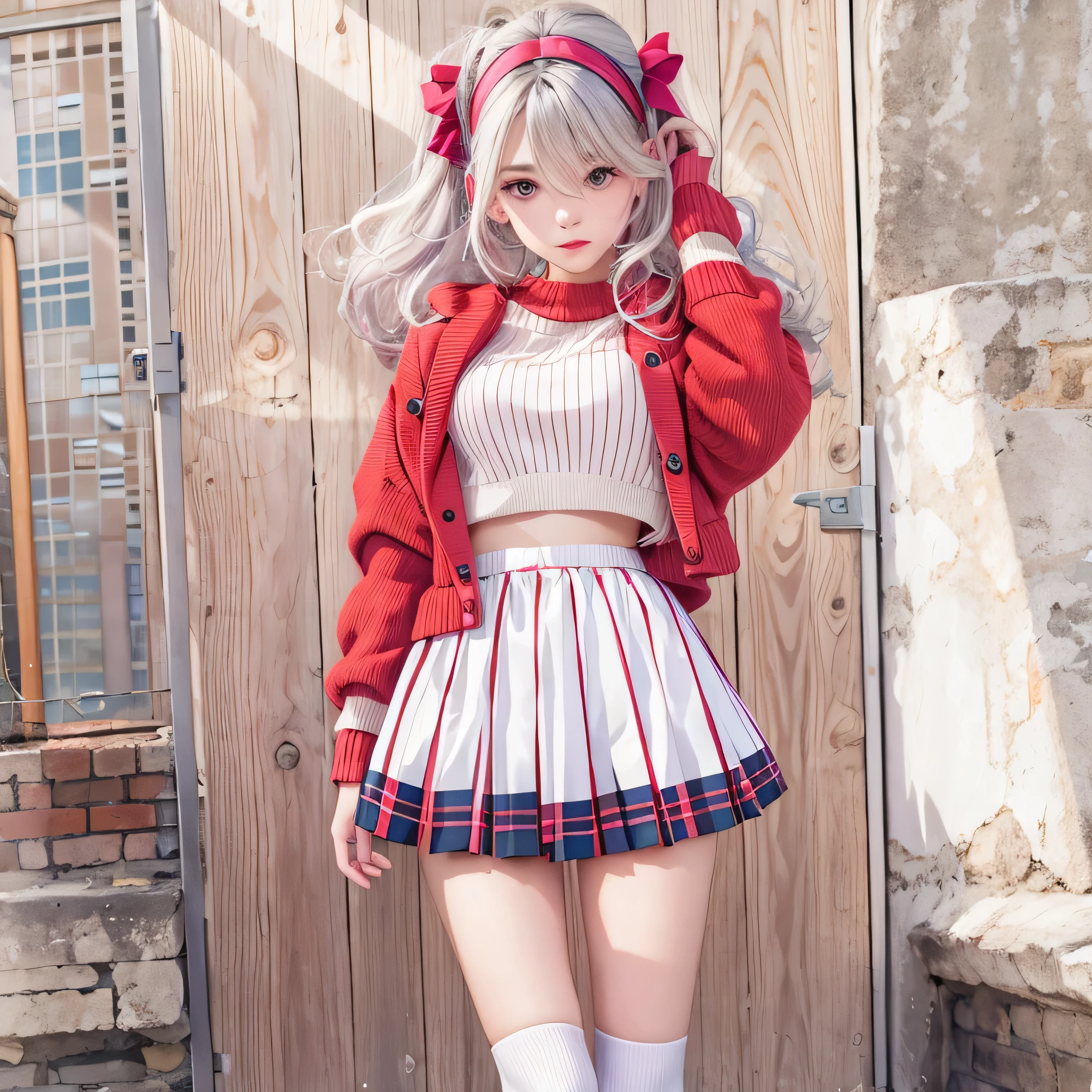 masterpiece, best quality, genny, hairband, red sweater, frilly white skirt, sneakers, standing, looking at viewer 