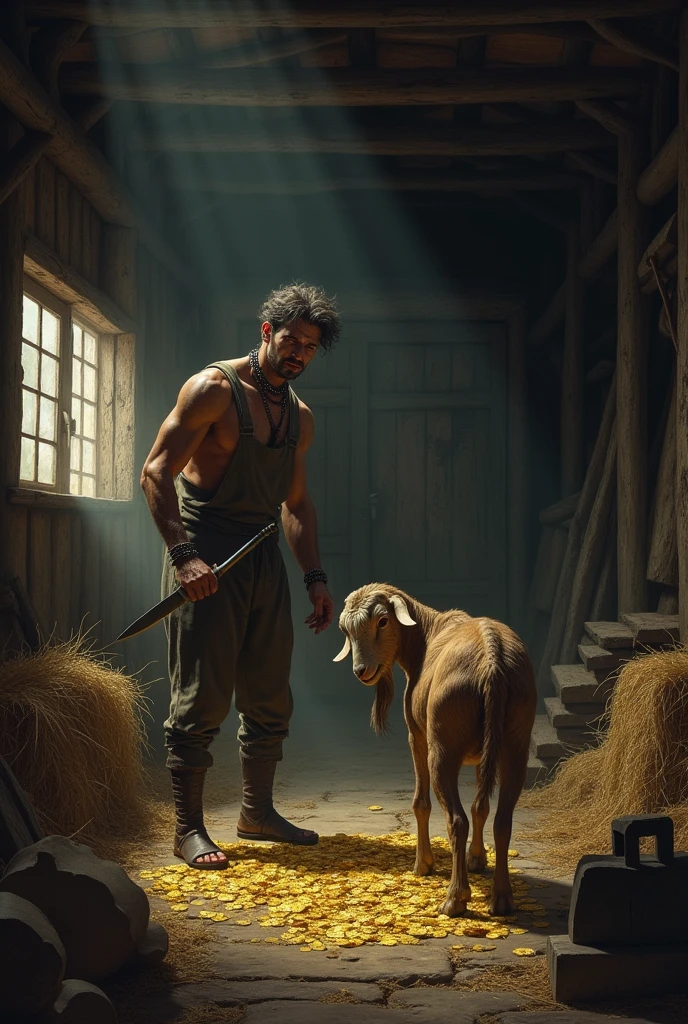 The farmer, now driven by greed, is shown in a dimly lit barn about to slay the goat. He is holding a knife, and his expression is intense with greed. The barn is simple, with farming tools, hay, and wooden beams. After slaying the goat, he looks inside but finds no gold coins. His face is filled with shock and despair. The scene should feel darker and more somber.
