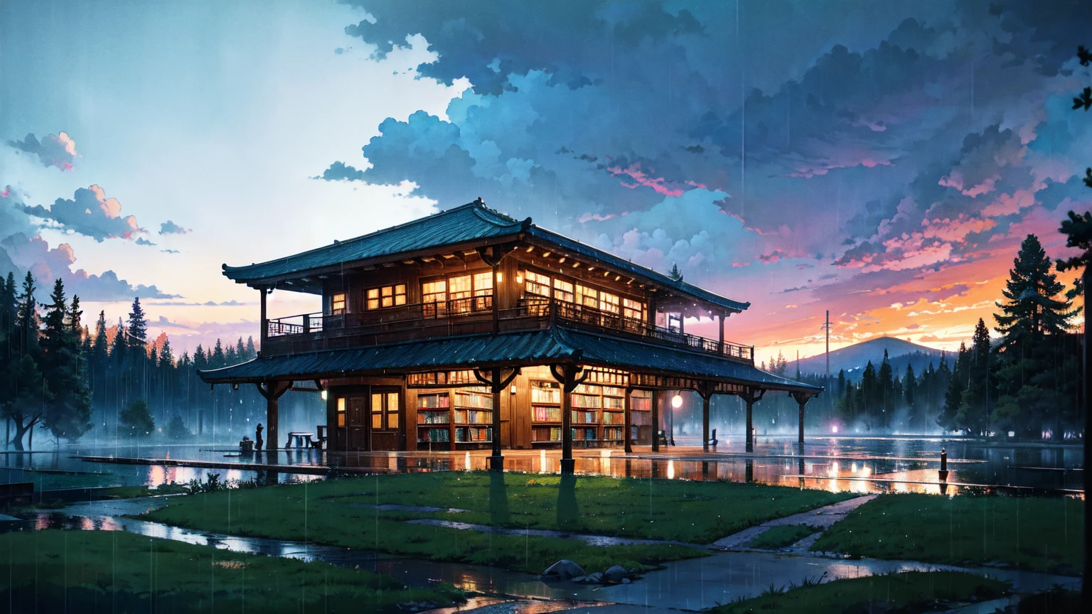 Colorful and bright picture. Nostalgic. Makoto Shinkai. A splendid Western-style library beyond the forest. Beautiful composition. Night, heavy rain. A western style library beyond the forest. Vivid. Rainy sky. Fantastic, with the forest in the foreground and the library in the background.