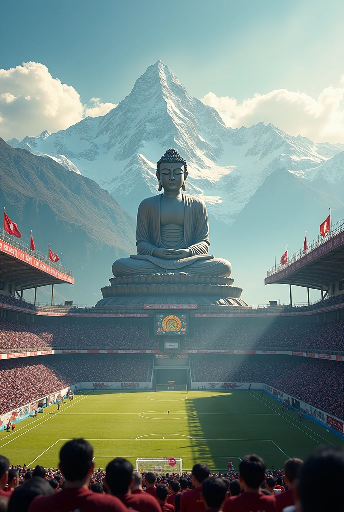 Generate a photo of a football stadium based on Buddha and Nepal.