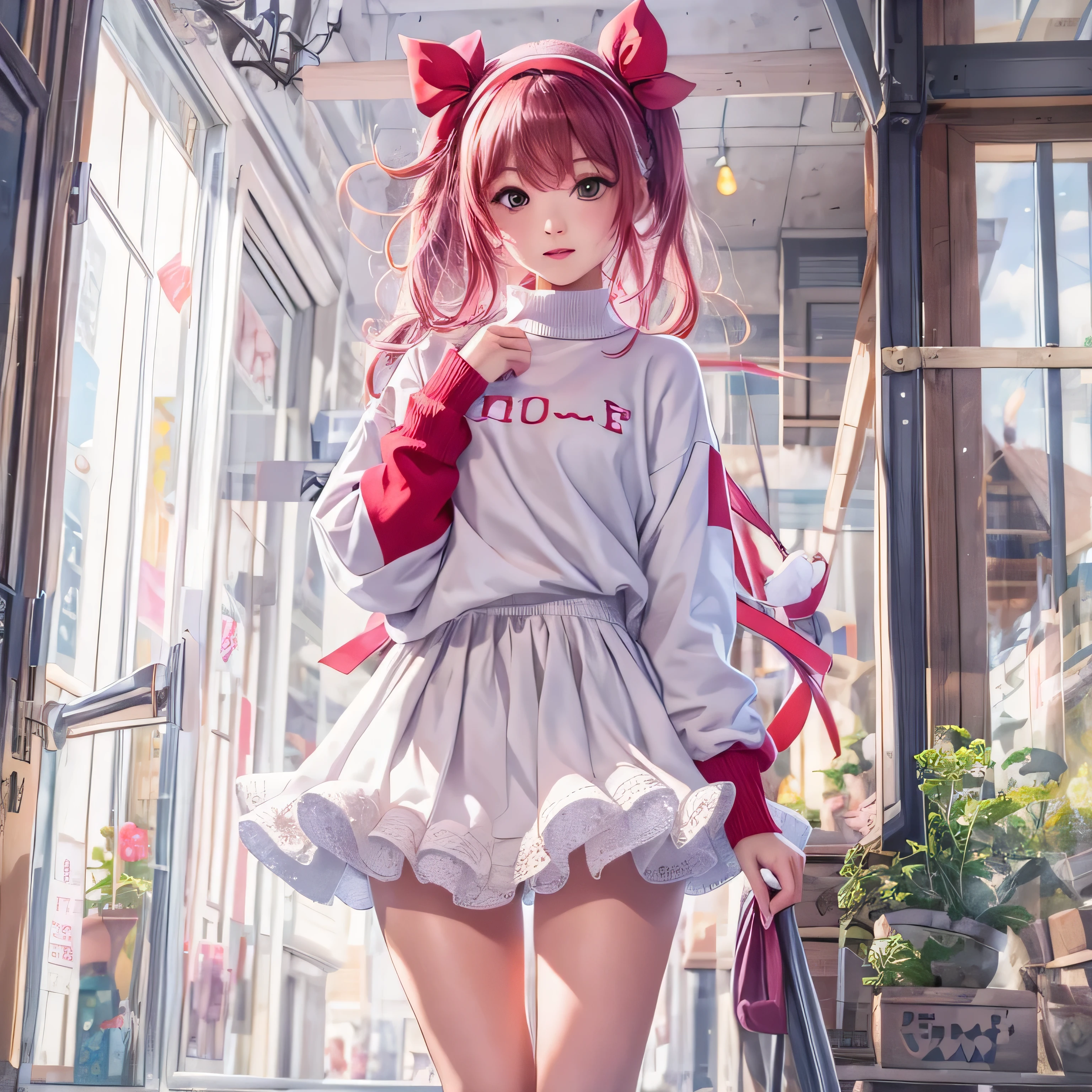 masterpiece, best quality, genny, hairband, red sweater, frilly white skirt, sneakers, standing, looking at viewer