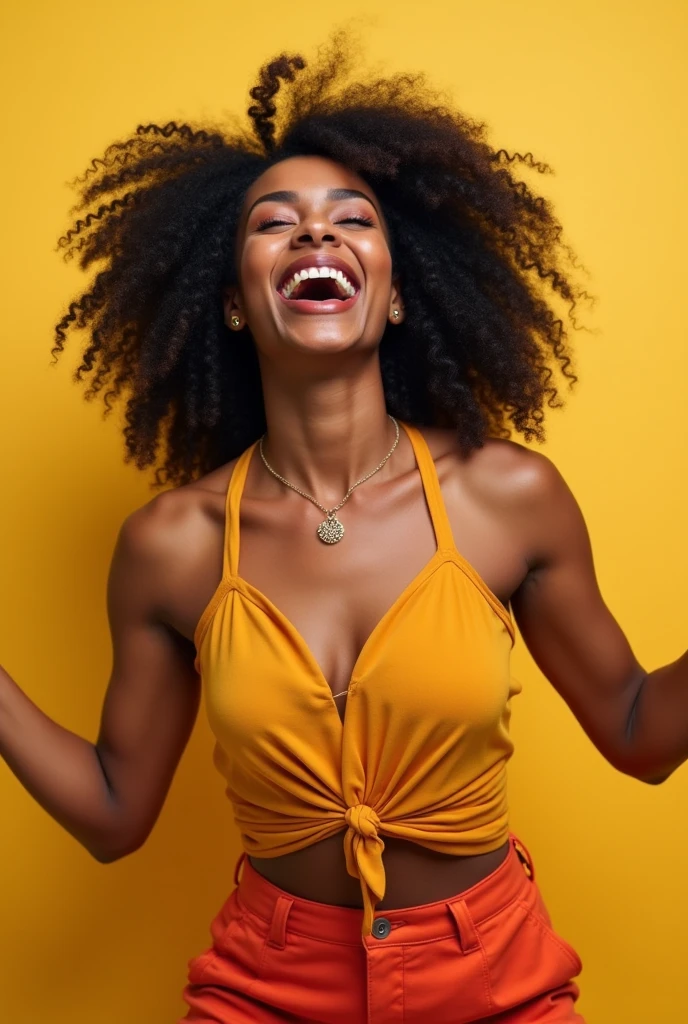 Happy black woman screaming with joy with full body showing fully
