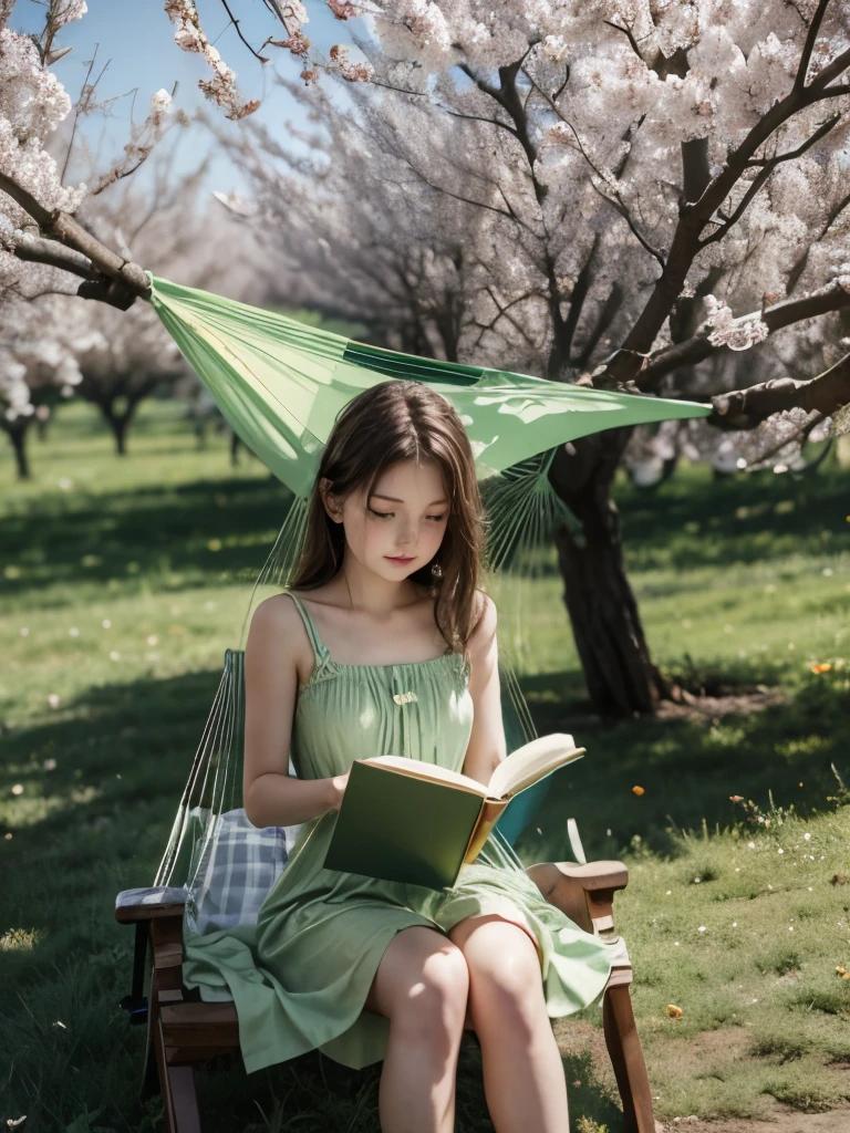 Apple orchard, Russia, spring, a girl in a green dress is lying in a hammock and reading a book.