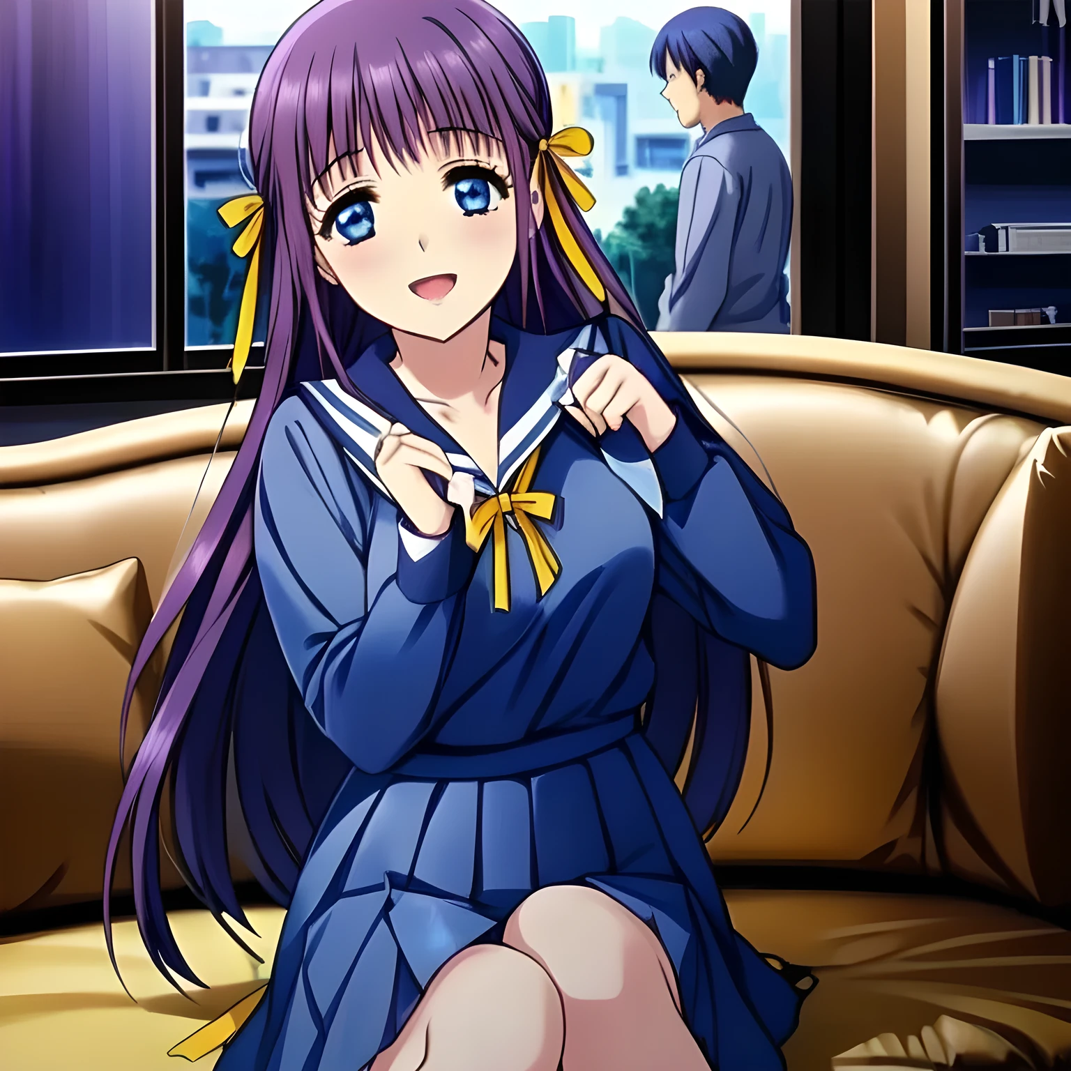highest quality, (masterpiece:1.2), (A very intelligent and bewitching heroine, Very detailed intelligent 15yo heroine's portrait of game CG, beautifully and artistically painted as cover of girl's magazine: 1.6), (She is turning quickly and looking at me with 妖艶な笑み as if she is a too beautiful intelligent secretary: 1.6), (A girl whom everyone loves because of her beauty and lovely fashion and intelligence and noble manner. A refined and elegant look like a beautiful secretary : 1.4), (In fact she is a very intelligent succubus, trying to charm, enslave and absorb me with deeply thought out intelligent strategy!: 1.0), (Very beautiful, wavy, cutely shining super-super-long blue hair, with elegant hair ribbons with very good smell of female pheromones: 1.4), (Laughing very beautiful and intelligent sapphire-blue intelligent eyes with very long eyelashes which charms and enslave me inevitably, with detailed very well: 1.8), (The elegant, slightly open mouth and glossy wet lips of an anime heroine: 1.0), (noble, fully dark navy blue, neat sailor-styled one-piece blue school uniform, fully dark navy blue blouse, and 広がった neat elegant dark dark-navy-blue pleated skirt, with a big yellow noble ribbon on the chest: 1.6), (Large but well figured breast: 1.0), (Laughing at me, but that gives a heavenly feeling of happiness with beautiful and great smiley noble face: 1.2), (The wind is blowing: 0.8), (She is touching me with her beautiful fingers, absorbing everything from me just now: 1.5), (Seductively sitting on a sofa in a super high-end club: 1.4), (Full body shot: 1.0)