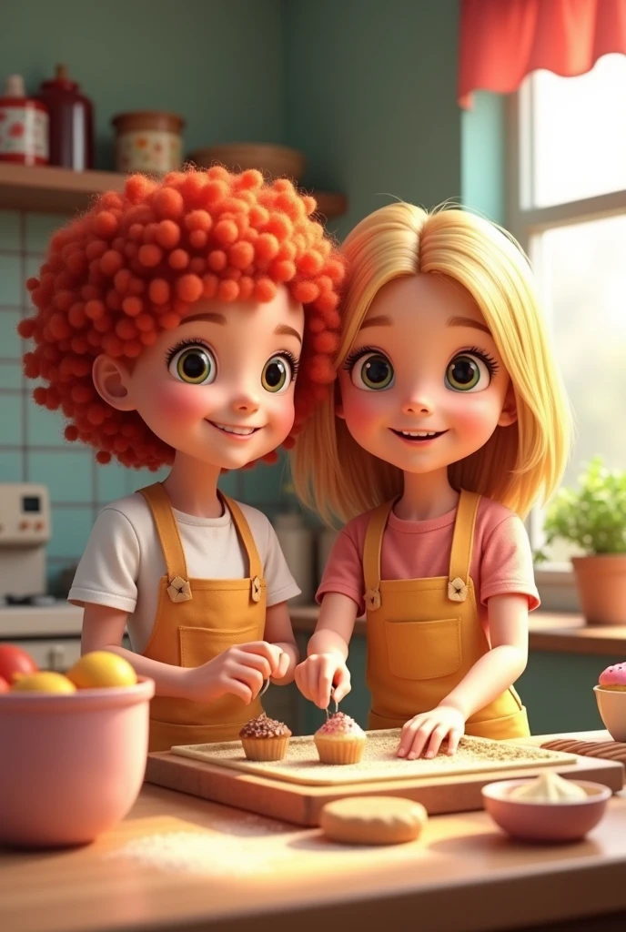 two young girls friends. the one girl has red curly short hair. And the other girl has blonde long straight hair. the two of them baking in the kitchen. different faces. different hair color. happy. 3D. realistic. vibrant, colorful