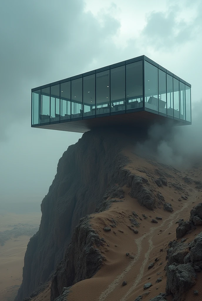 A big glass house on a sand dessert on a mountain peak of thunderstorm with fogg