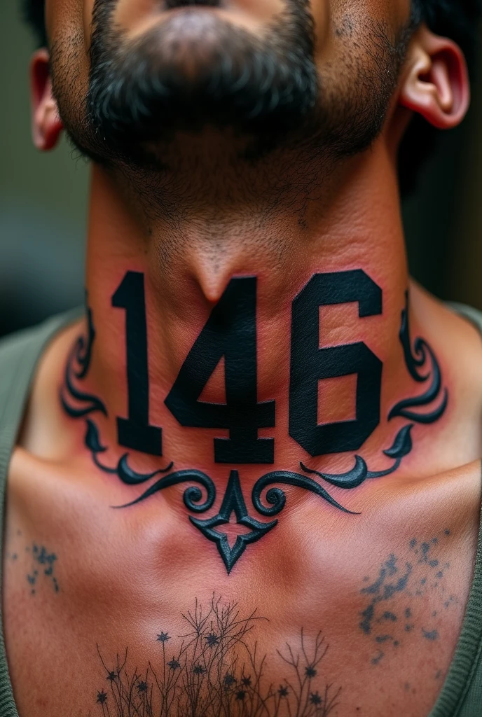 Fait moi un tatouage sur la gorge devant avec marqué « 146 » avec un design autour style américain 