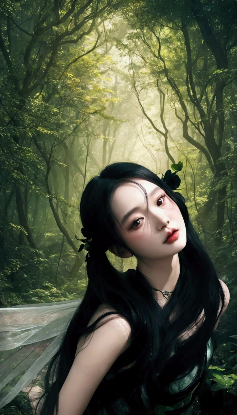 there is a woman with long black hair posing in a forest, inspired by Ai Xuan, forest soul, forest fae, goddess of the forest, portrait of a fairy, forest fairy, inspired by Tang Yifen, inspired by Chen Lin, artwork in the style of guweiz, jingna zhang, digital fantasy portrait, beautiful avatar pictures, in a magical forest