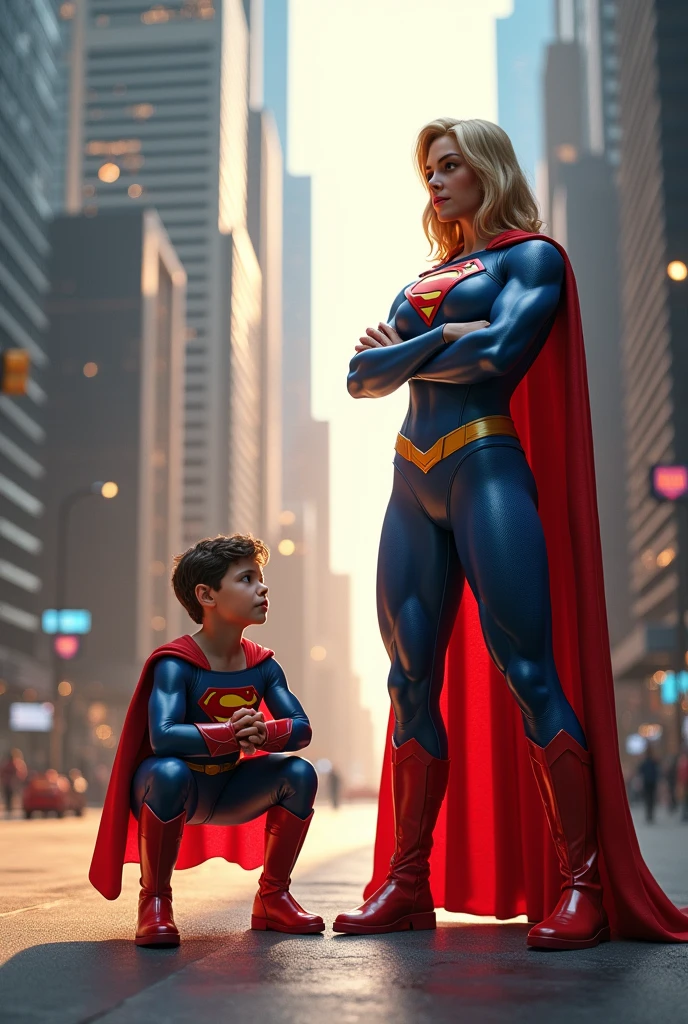 Superkid doing squats with super woman
