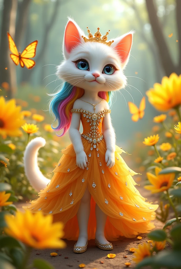 A white cat princess with rainbow hair, bangs, very long hair, beautiful face, tall, big eyes, very cute, wearing a sparkling orange princess dress, a long dress with beautiful diamonds, can see the whole body, wearing high heels, wearing a crown, in a very wide flower garden, her yellow flowers have a lot of butterflies flying.