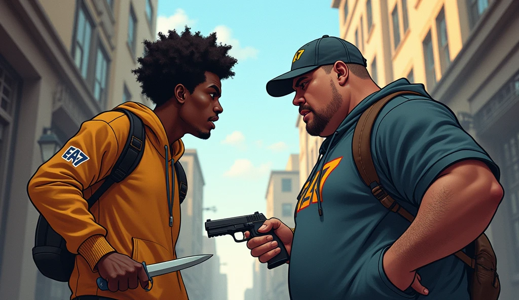 a dark-skinned person, with one eye higher than the other, street clothes,all brand EA7, SHORT afro hair threatening an obese person with a KNIFE, normal clothing, wearing a jockey-style cap and missing one eye, while threatening him with a gun. both characters are about 30 years old and are imagined in a somewhat cartoonish way and are seen from the front, These are not fighting verbally
