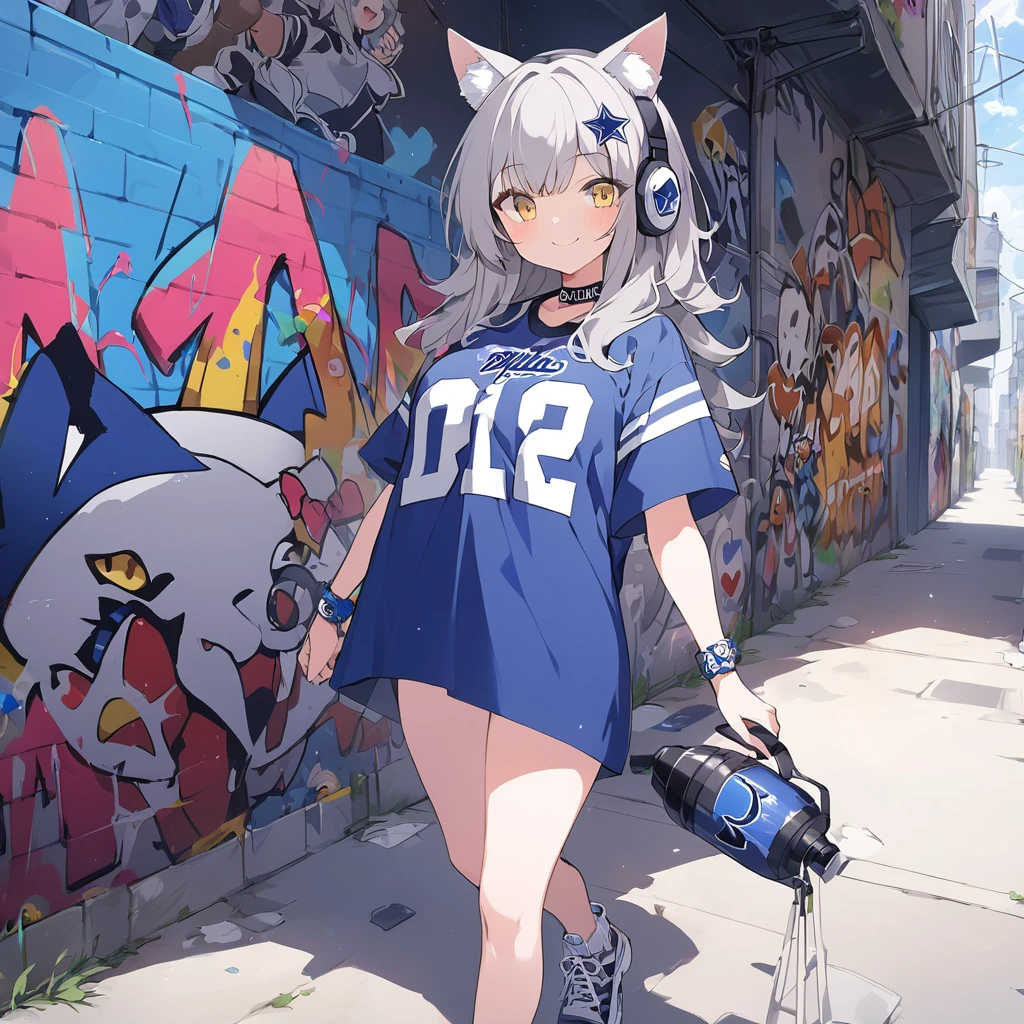 an anime image of a girl dressed a oversized NFL jersey , walking, hiphop fashion , 1girl, animal ears, solo, cat ears, smile, heart, yellow eyes, virtual youtuber, looking at viewer, headphones, grey hair , street, Dallas Cowboys , summer ,drawing on the back alley wall ,in many other graffiti art, going over, graffiti type ,straight letter,master piece,