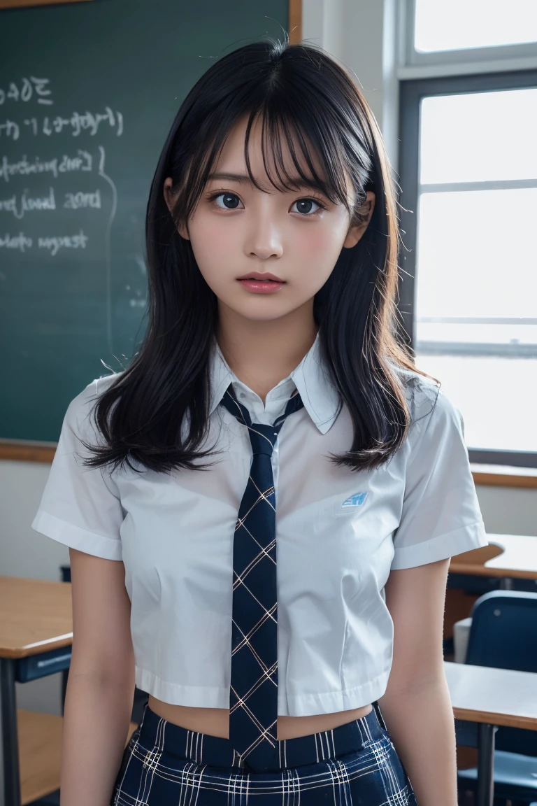 Browsing Caution,Highest quality,Ultra-high resolution,1 person,whole body,Black Hair, Cool look,Looking into the camera,Beautiful and elaborate face,Fine and beautiful skin,Skin Texture,high school student,uniform, tie,Small breasts,Checked mini skirt,Classroom after school,Standing pose