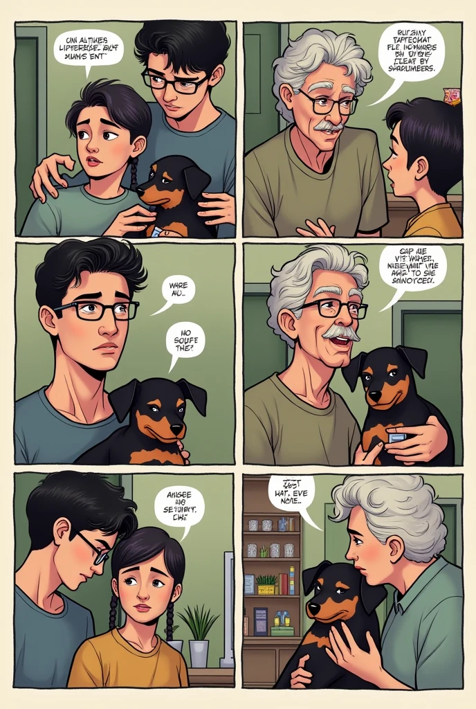 **Title of the comic strip:** *Bye, selfie*
**of thecripción General:** Esta historieta consta de 8 viñetas y trata sobre el fallecimiento de una perrita llamada selfie, which deeply marked the life of its owner. The tone is serious and emotional.
### **Viñeta 1: Introduction**
- **Image:** a flower garden. The main character (a medium-sized man with black hair and glasses) está jugando alegremente con selfie, a small black pincher dog with brown spots.
- **Text in the cartoon:** "We were always inseparable, selfie y yo."
### **Viñeta 2: The first sign**
- **Image:** Inside a house, in a cozy room. selfie está acostada en su cama para perros, looking tired and weak. The main character la observa con preocupación.
- **Text in the cartoon:** "suddenly, selfie dejó de comer... something was not right."
### **Viñeta 3: Concern grows**
- **Image:** The family is gathered in the living room of the house. The father (high, gordo, with glasses and curly black hair) and the mother (high, with curly white hair and glasses) They are sitting, mirando a selfie. The father habla, y el personaje principal está al lado de selfie, worried.
- **Father's text:** "¿Notaron que selfie está un poco amarilla?"
- **Main character text:** "Yeah, and he hasn't wanted to eat anything for days..."
### **Viñeta 4: Visit to the vet**
- **Image:** A waiting room in a veterinary clinic. The main character, su papá y su mamá They are sitting, sosteniendo a selfie en sus brazos, all with worried expressions.
- **Text in the cartoon:** "We decided to take her to the vet to see what was going on.."
### **Viñeta 5: Diagnosis**
- **Image:** At a veterinary consultation, the veterinarian (a middle-aged man in a white coat) He is speaking seriously to the family. The main character tiene lágrimas en los ojos, mientras sostiene a selfie.
- **Texto dthe veterinarian:** "Unfortunately, selfie está muy enferma..."
### **Viñeta 6: of the