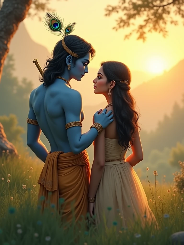 Krishna ji with his blue skin, a peacock feather in his black hair, and his flute hanging from his waistband, stands with his back turned, one hand placed gently on his friend's shoulder. They stand in a peaceful, green field under a soft golden sunset, symbolizing their deep bond.