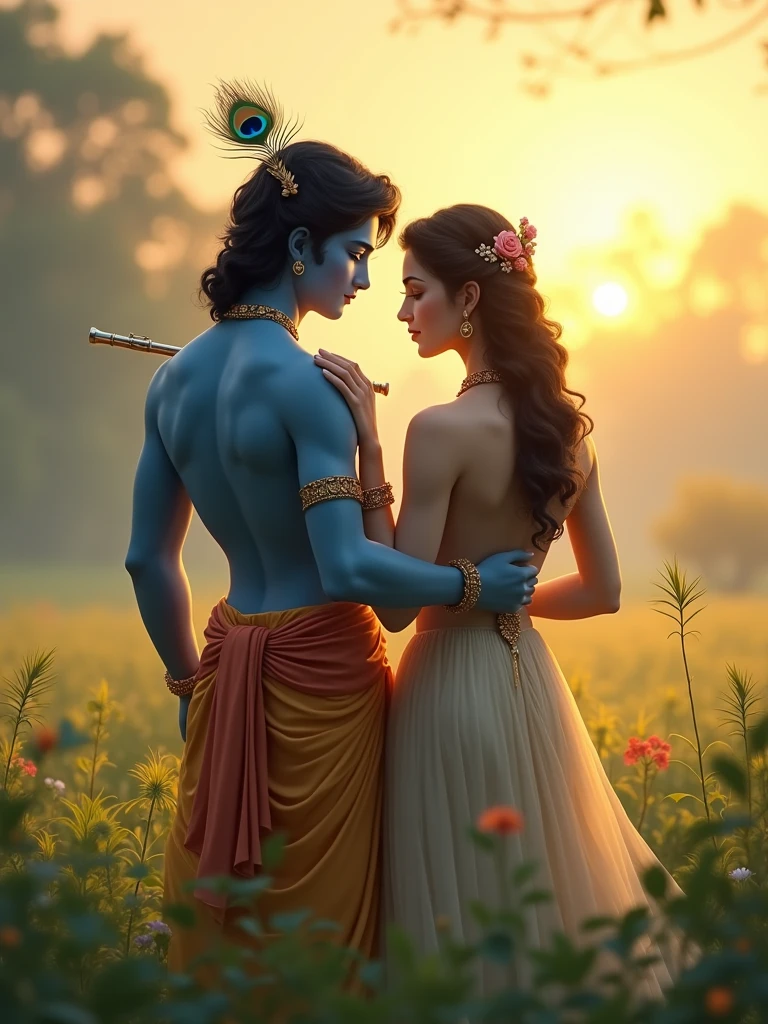 Krishna ji with his blue skin, a peacock feather in his black hair, and his flute hanging from his waistband, stands with his back turned, one hand placed gently on his friend's shoulder. They stand in a peaceful, green field under a soft golden sunset, symbolizing their deep bond.