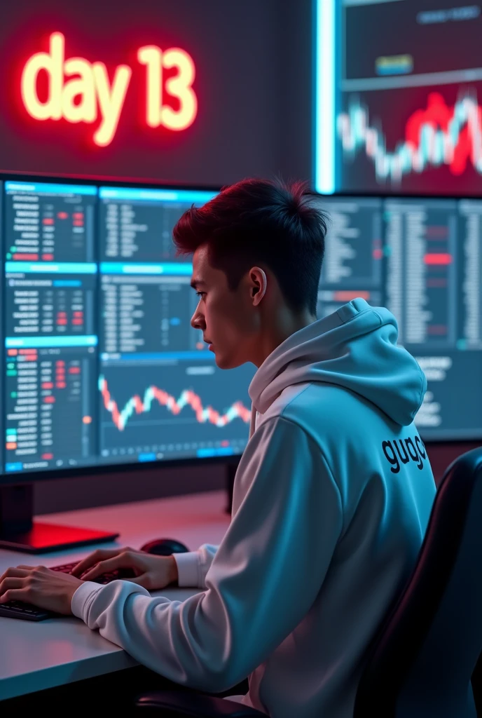 Create a 4d image of a man sitting in trading room on money and working on trading application on his pc the boy face not visible must white hoodie and his name "G ♡ G" written on the hoodie. Pic from back side pc monitor visible.
And wall up side corner "Day 13" written on red neon light. Imege size 9:16 4k