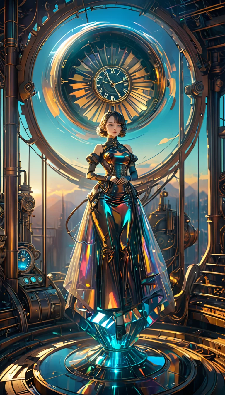 Iridescent時計、Iridescent機械式時計, steampunk, Dieselpunk, Clockpunk, Mysterious color scheme, Twilight light effect, Conceptual installation fantasy art, 2.5D, delicate and dynamic、16K, Ultra-high resolution, Ultra-high resolution, to be born,wonderful ,future、Iridescent、The world 30 years from now