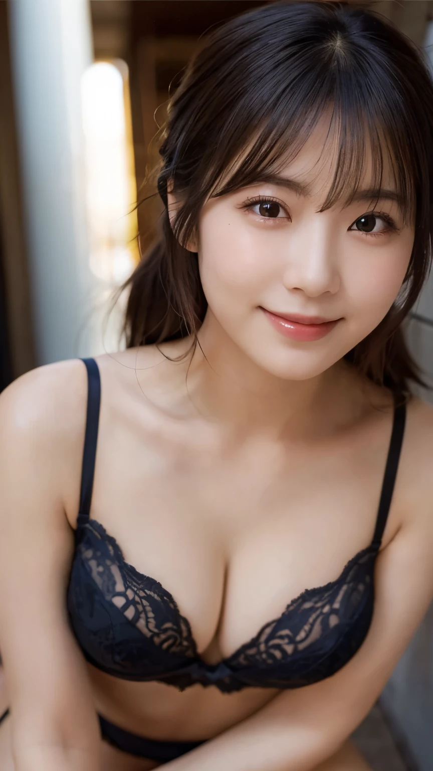 (Highest quality,masterpiece:1.3,Ultra-high resolution),(Very detailed,Caustics,8k),(Realistic:1.4,RAW shooting),1 person,(Smiling and looking down at the camera),(Front shot:1.1),(Look forward),1,cute,Japanese,Black short ponytail,,glamorous,(Big Breasts),( close),(breast focus),street,sunlight,Natural light,(Backlight),(A bright light shines from behind),(Lens flare),Professional Writing,(Lingerie Shots),(Low position:1.3),(Low Angle:1.3)
