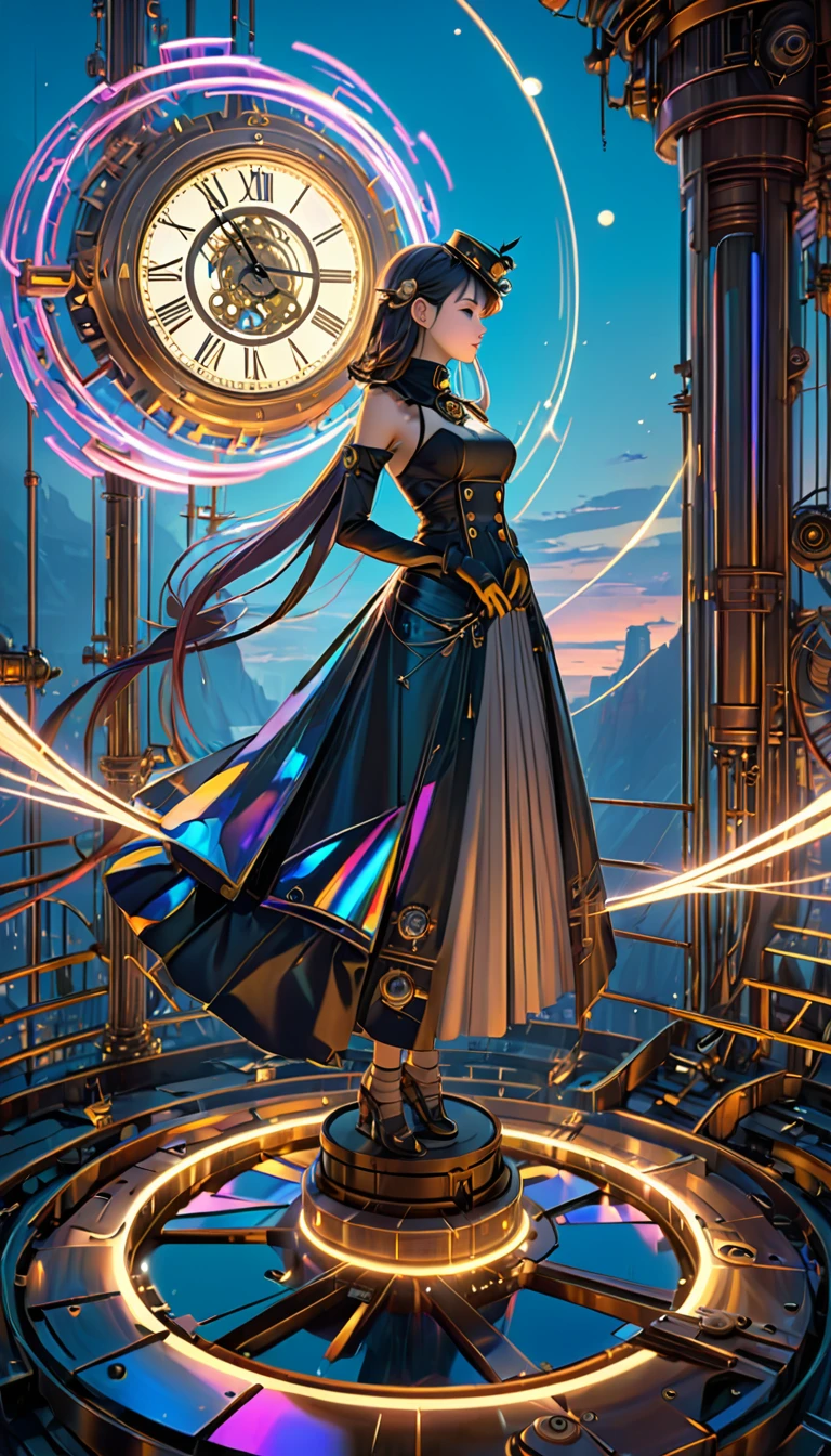 Iridescent時計、Iridescent機械式時計, steampunk, Dieselpunk, Clockpunk, Mysterious color scheme, Twilight light effect, Conceptual installation fantasy art, 2.5D, delicate and dynamic、16K, Ultra-high resolution, Ultra-high resolution, to be born,wonderful ,future、Iridescent、The world 30 years from now