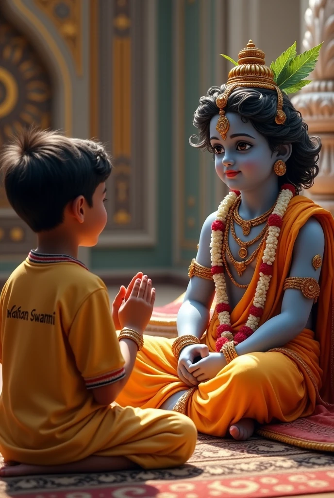 Make a realistic picture in which a boy is sitting at the feet of Shri Krishna and worshiping him and his shirt is yellow and Karan Swami is written on the t-shirt and Shri Krishna ji is sitting on a luxurious bed with palace walls on the side and beautiful background. yes
Feedback
