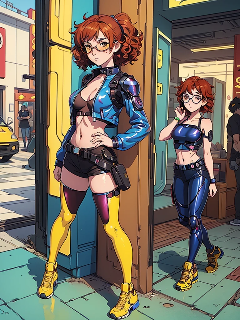 (masterpiece), (best quality), 1 girl, red hair,((brown eyes)),curly hair, (short curly hair) , brown eyes, anime style, freckles, (mall breast, (petite figure), ((blue cyberpunk clothes)),legs, desert background, (((yellow glasses)))