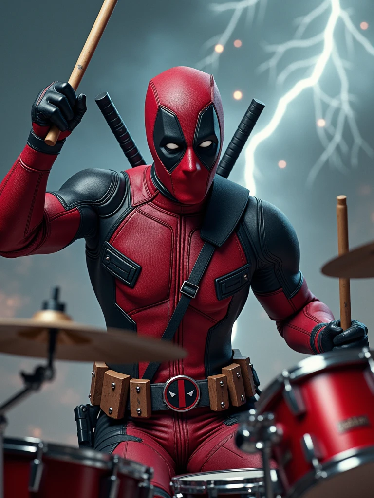 Rock Deadpool marvel holding a stick sitting playing drums with a background of thunder and very rock vibes.