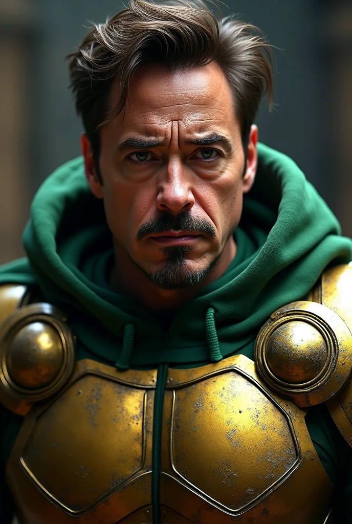 rober downey jr as dr doom, no mask, detailed facial features, realistic, highly detailed skin texture, muscular male body, intricate metal armor, gold and green accents, dramatic lighting, cinematic, photorealistic, 8k, masterpiece