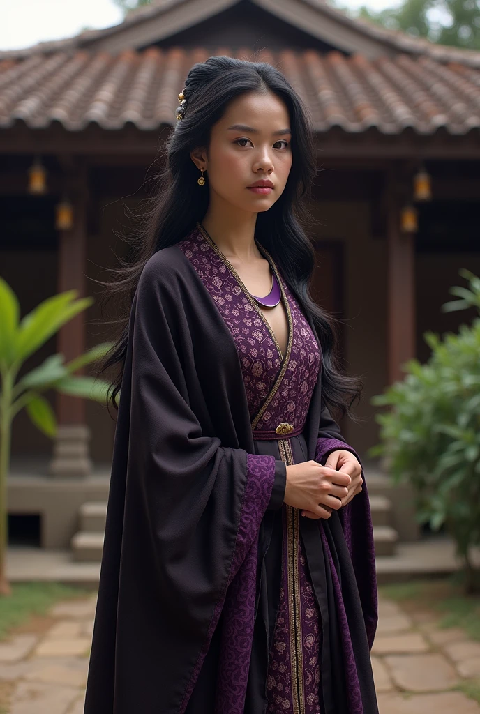 Woman, wearing traditional Bundo Kanduang clothes Black wavy hair wearing a purple moon necklace Full body standing pose With the background of a traditional Minangkabau house