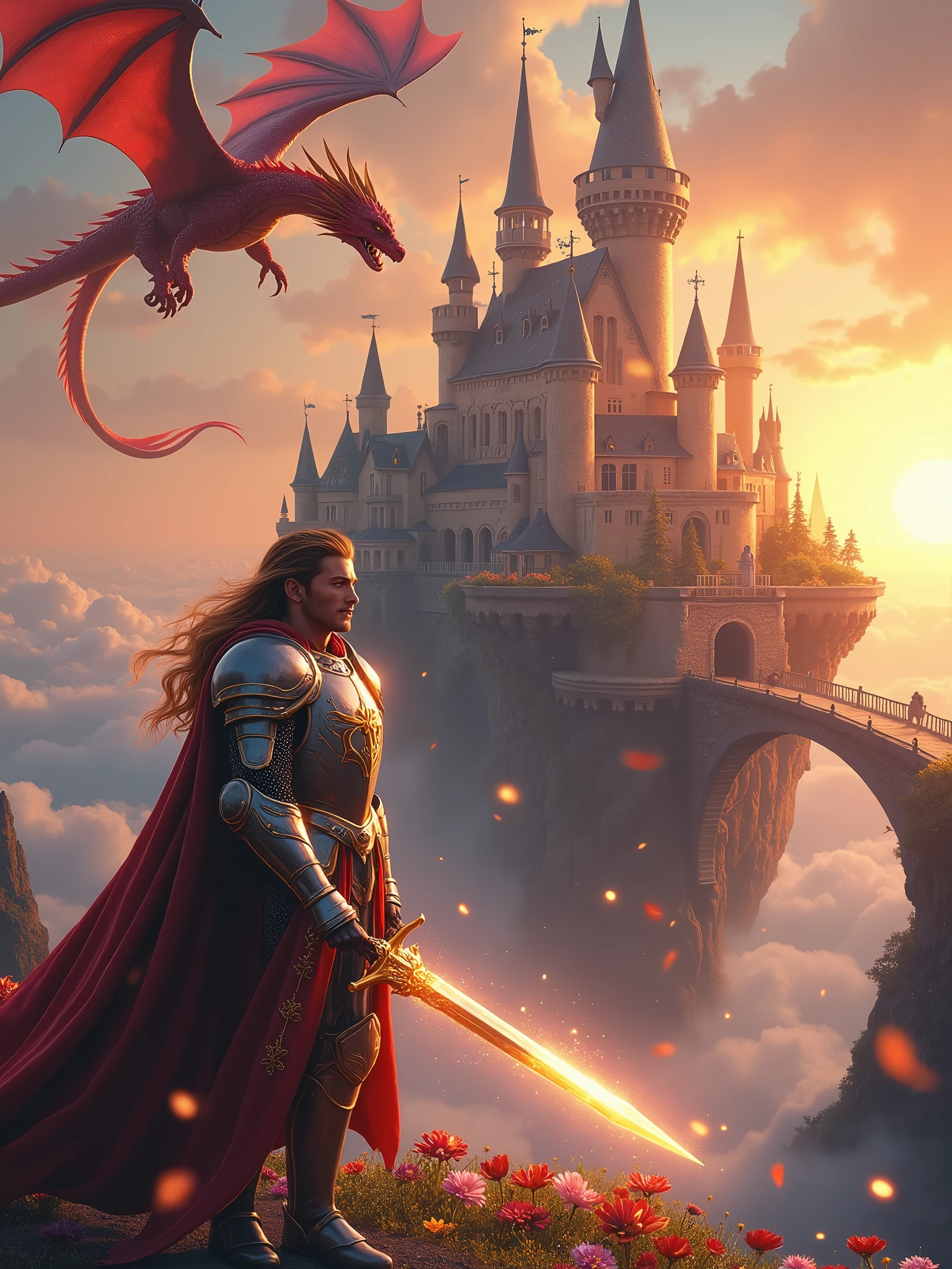 Imagine a medieval castle floating amidst the clouds, surrounded by majestic dragons and delicate fairies flitting about. As the sun sets, the sky transforms into a kaleidoscope of orange and pink hues. In the foreground, a heroic knight stands proudly, clad in radiant armor adorned with silver and gold details, a raised visor on his helmet, and a blue cloak emblazoned with a dragon emblem. His armor reflects the warm light of the setting sun, casting a soft glow. He wields a magical sword with a luminous blade and a hilt decorated with precious stones, alongside a shield bearing the dragon emblem. The knight's expression is determined and heroic, with piercing blue eyes and chestnut hair falling across his face. He stands tall, exuding confidence and authority, with a strong jawline and a well-groomed beard. The scene is set against a backdrop of towering castle spires, fortified walls, and a lowered drawbridge connecting the castle to the clouds. The castle's gardens are suspended in mid-air, featuring vibrant flowers and crystal-like trees with leaves that softly glow. Above, the sky is dotted with bright stars and a crescent moon, its soft aura illuminating the magical atmosphere. A 15-meter-long dragon of fire soars around the castle, its red and orange scales glistening, eyes blazing like embers, and wings that seem to be made of fire, leaving trails of smoke and flames. The dragon possesses resistance to fire, immense strength and speed, intelligence, elemental magic, and defensive capabilities. Nearby, a wise old mage with a long white beard and a pointed hat stands on the castle wall, advising the knight while performing magical rituals. Fairies with transparent wings and flower-petal garments flutter around, playing with the dragon and possessing the abilities to heal, create illusions, control time, and transform into other animals. The lighting is soft and golden, with the setting sun casting long shadows and realistic details, enhancing the magical and epic ambiance.  Infinity"