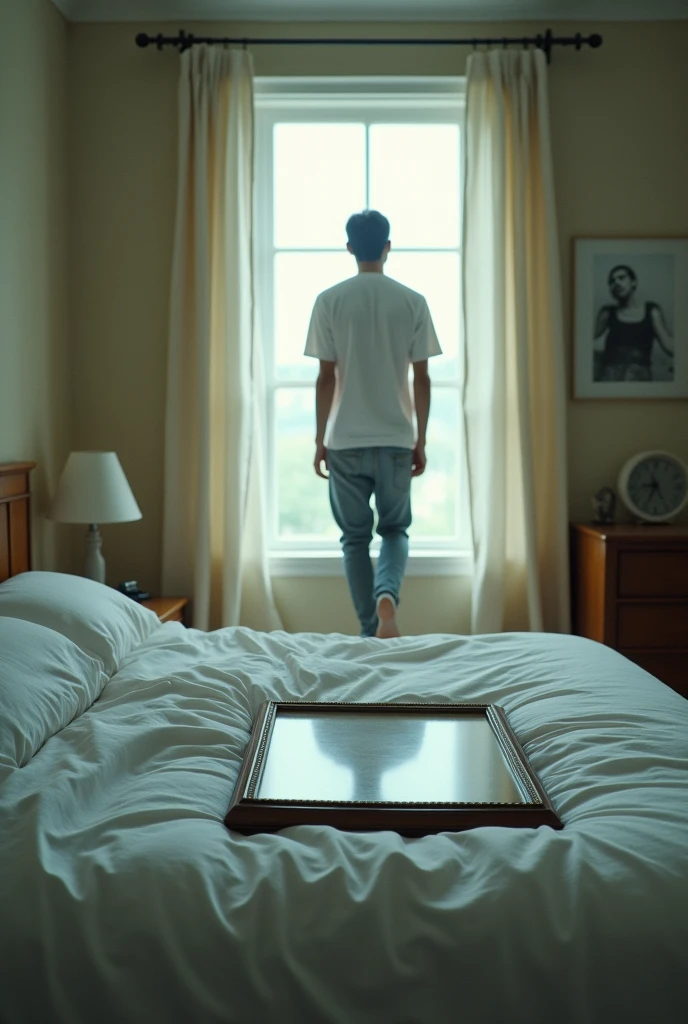 The framed picture in a bed and a man walking through the window