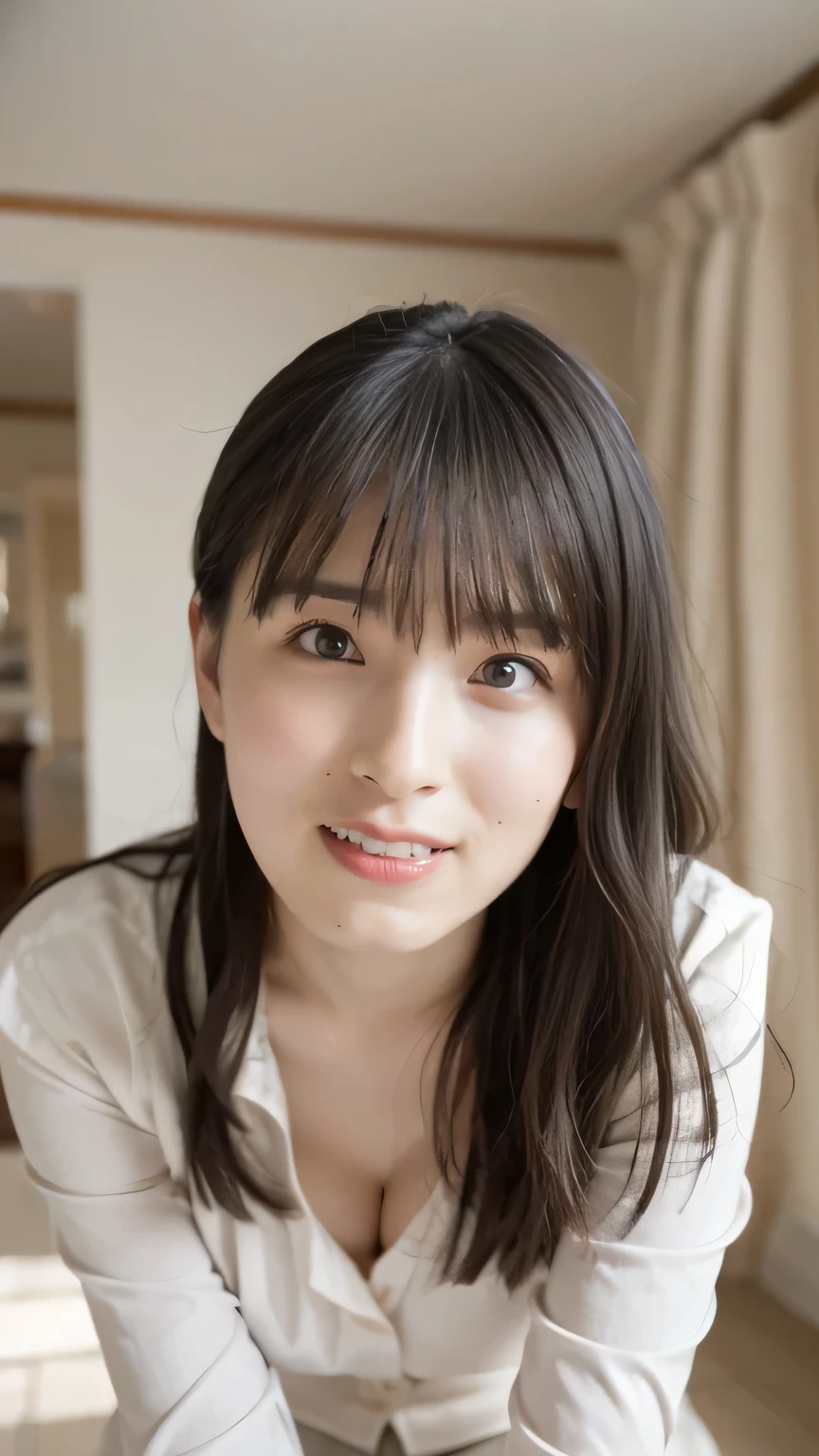 masterpiece, Highest quality, 8k, 20th Generation, Huge breasts, cute, alone, sad, cute, Girlish, Delicate, Pure beauty, smile、RAW Photos, Professional photography, Portraiture, Soft Light, Professional Lighting, Backlight, Upper Body, Front view, (On all fours, Hotel Rooms), Sophisticated, Film Grain, (Eye and facial details:1.0), Floating Shorthair, beautiful, Flowing Hair, bangs, Cleavage、Completely naked、Nipples、Do not publish,It protrudes greatly, Standing Elegantly、beautiful太い脚、man inserts penis into vagina