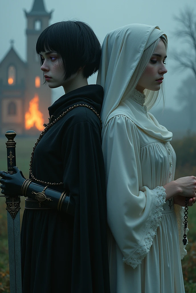 Two pale young women of the Middle Ages standing back to back with violet eyes, with the one on the left with a suffering eye, dark alchemist clothes and left arm with a steampunk technology prosthesis, holding a dagger with baphomet symbol, short black hair with a cut on the face, and the one on the right with white nun clothes holding a rosary with sad closed eyes long white hair with a church in flames behind , the night