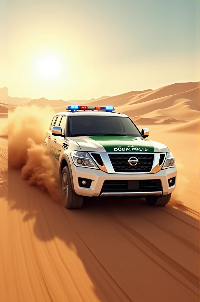 A Dubai Police Nissan Patrol car driving in the desert