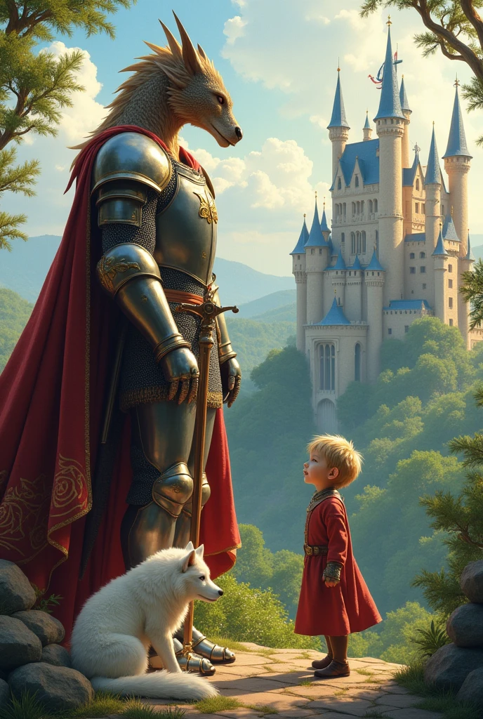 What would be the image of a man who is a prince of a castle who is 2 and is protected by a dragon who is in love with his tall and strong knight who has a white wolf as a mascot and they are both very fit and love each other very much? .